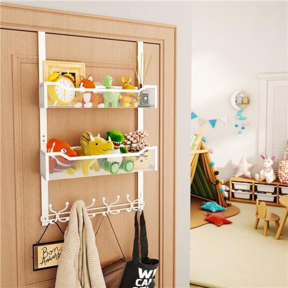 Over The Door Hooks Organizer 16 Hooks 2 Mesh Baskets Towel Coat Clothes Rack - Picture 6 of 8